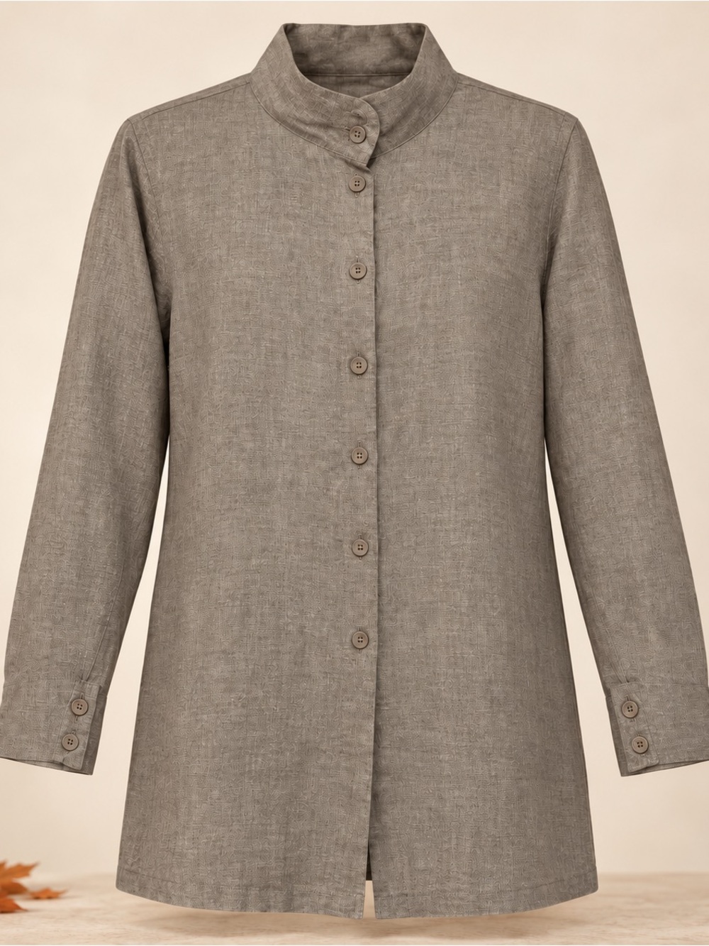 Flax 100% Linen Dark Mushroom Taupe Mandarin-Collar Button-Down Shirt/Jacket